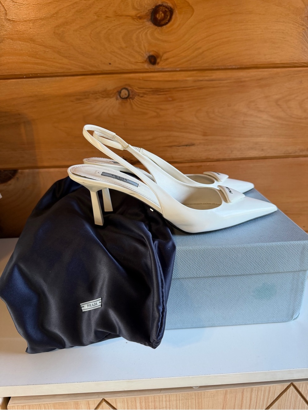 Prada White Pointed Patent Slingback Pumps - Picture 3 of 12